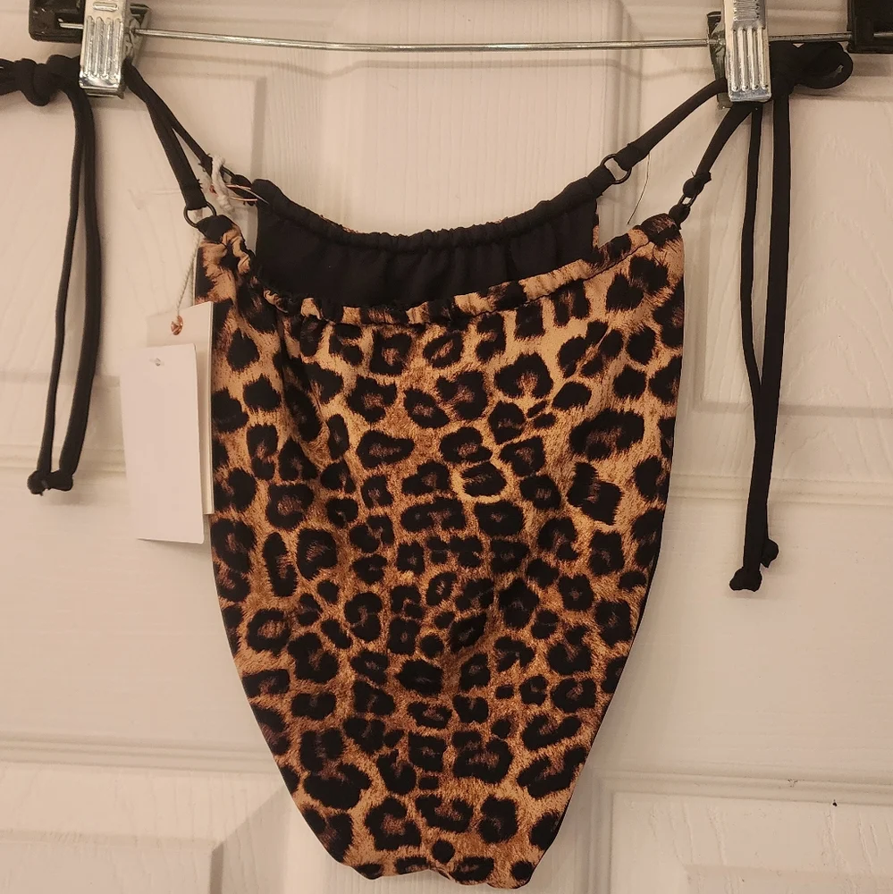 GOOD American Leopard Hi Cut Reversible Tanga Bikini Bottom Size MED